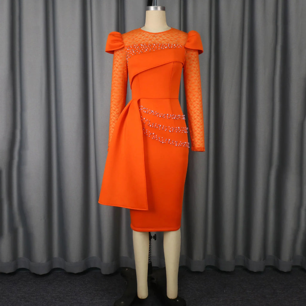 Orange lace patchwork beaded sheath dress by SHOWLU FASHION STORE, elegant mid-calf length with intricate detailing and a fitted silhouette.