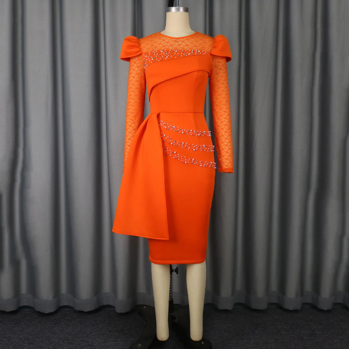 Orange lace patchwork beaded sheath dress by SHOWLU FASHION STORE, elegant mid-calf length with intricate detailing and a fitted silhouette.