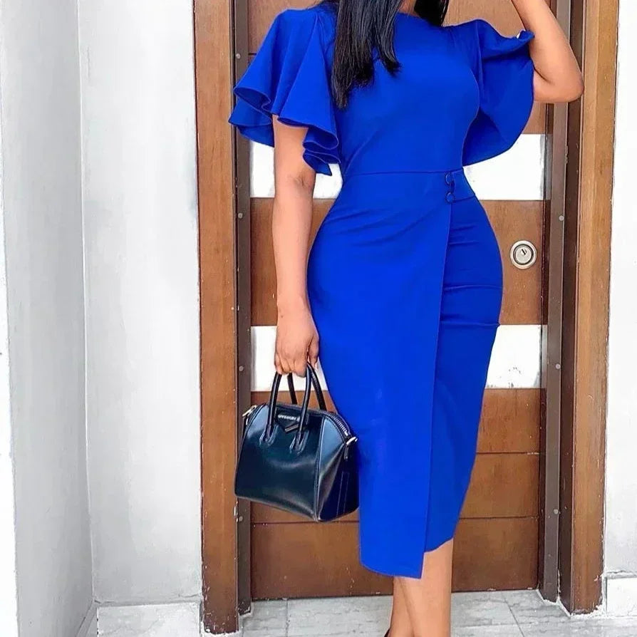 Green women's mid-calf bodycon party dress with ruffle details and slim fit from SHOWLU FASHION STORE, perfect for elegant occasions.