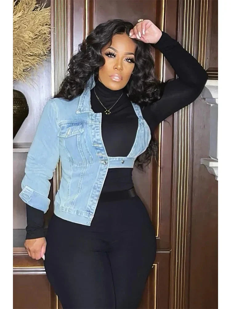 Women's one-shoulder denim bra jacket in sexy blue, streetwear style by QINGSHUJI, featuring trendy casual fashion.