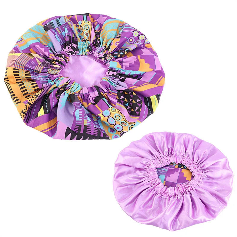 African pattern women’s sleep cap with satin lining, soft extra-large headwrap, and hair care bonnet for ladies.