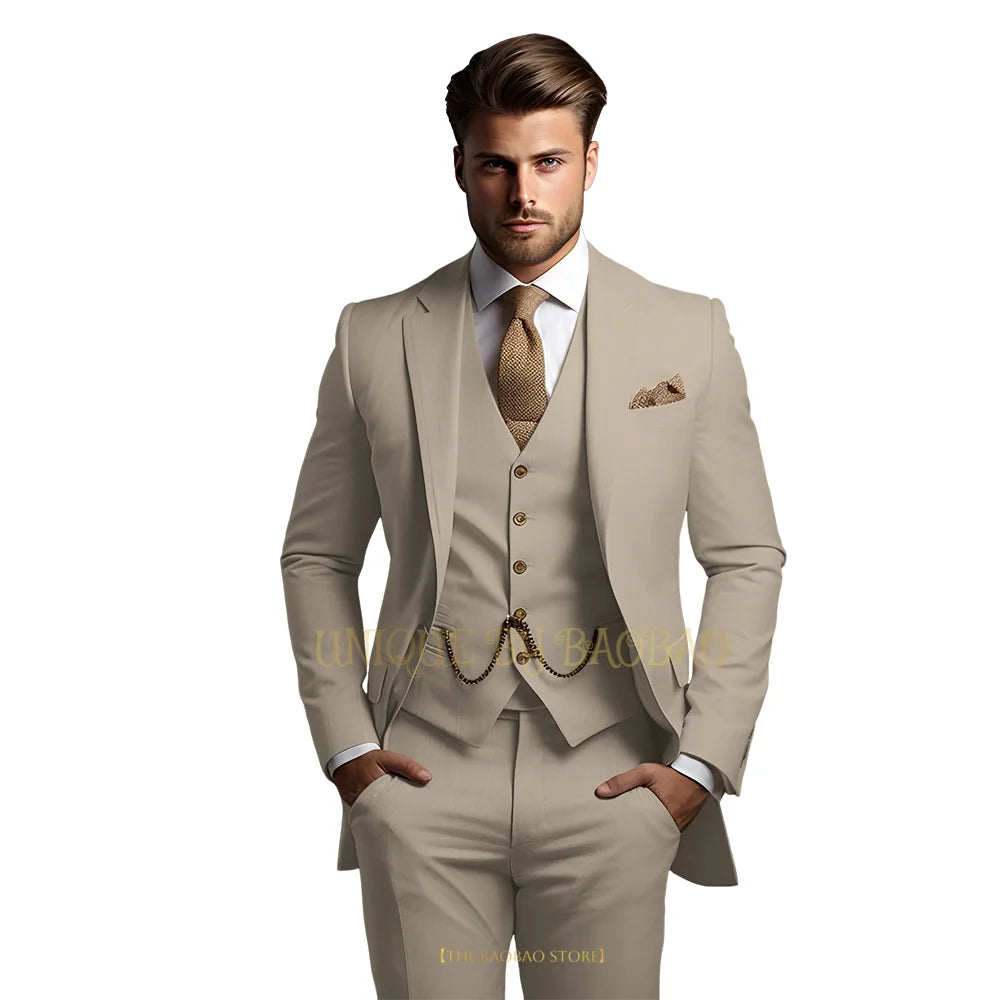 Men's grey 3-piece suit by Showlu Fashion Store, featuring jacket, vest, and trousers for wedding or formal occasions.