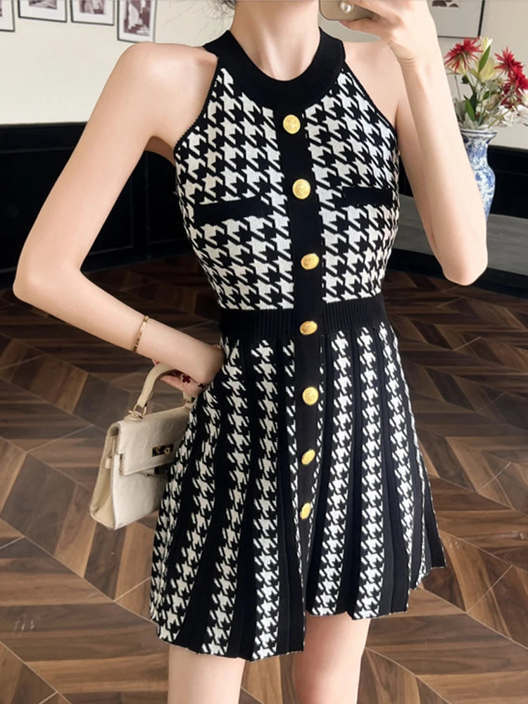 Women’s retro houndstooth knit mini dress with gold buttons, halter neckline, slim fit, perfect for summer dates or casual wear.