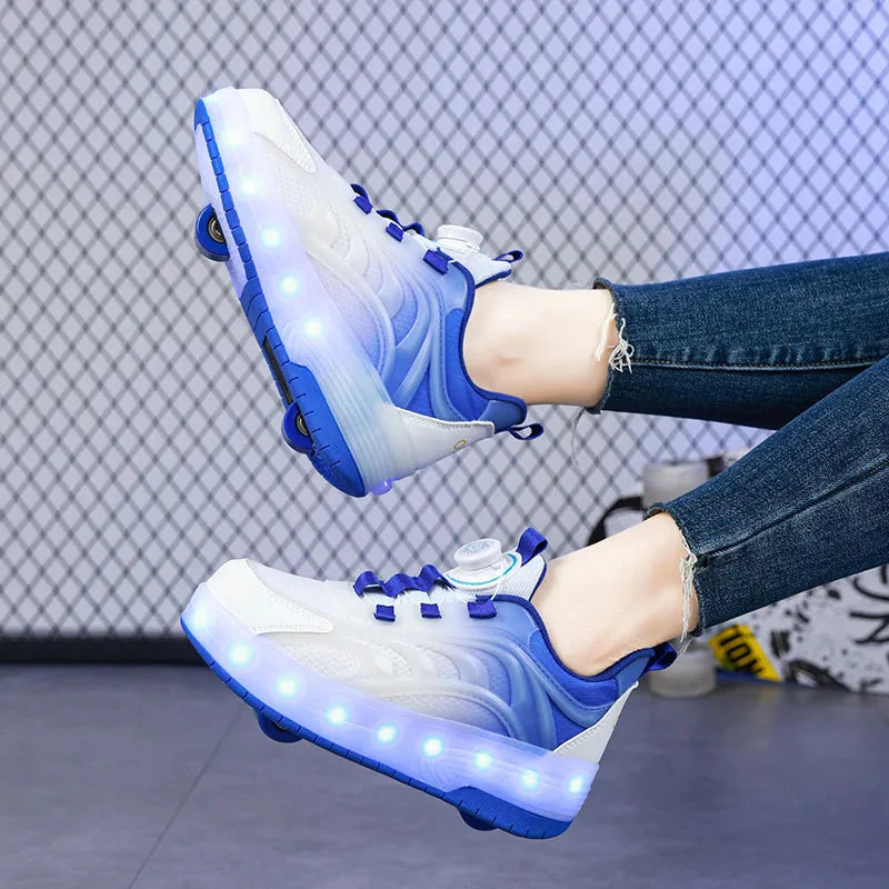 Kids LED roller skate shoes by Showlu with luminous lights, USB charging, and stylish design for children.