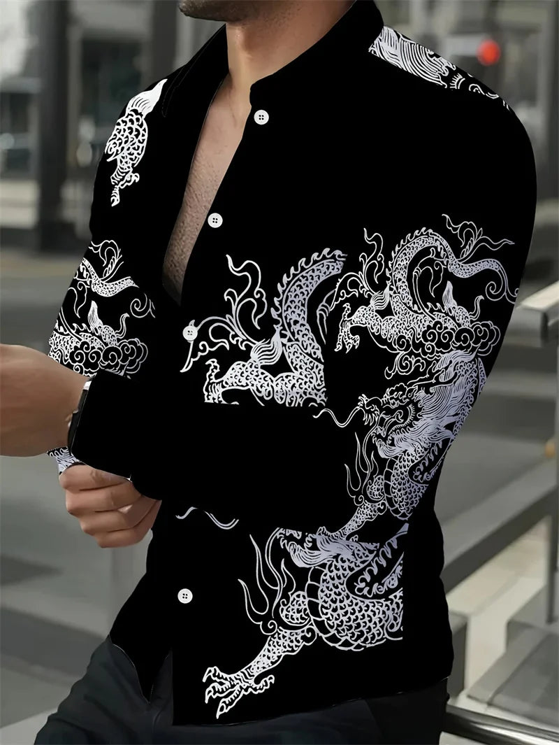 Men's casual street printed long sleeve shirt by Showlu Fashion, spring and autumn collar shirt top with trendy design