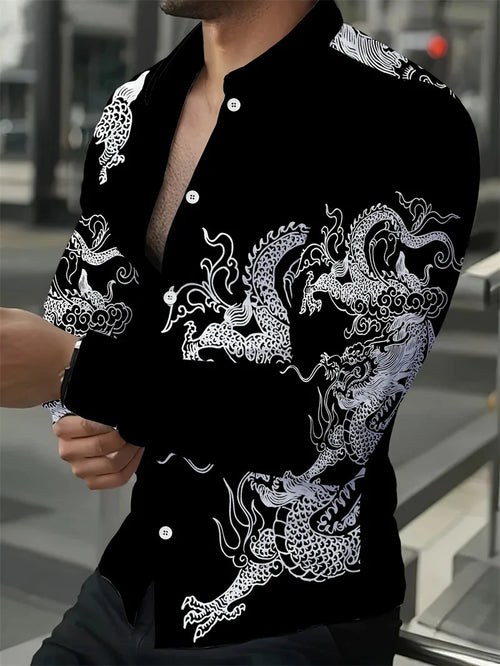 Men's casual street printed long sleeve shirt by Showlu Fashion, spring and autumn collar shirt top with trendy design