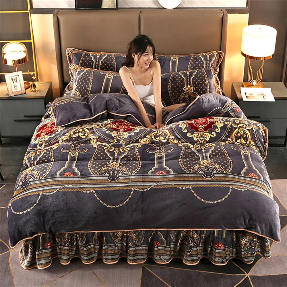 ZYOCRTLEX thickened flannel bedding set with coral velvet quilt cover, including four pieces for cozy, warm bedroom decor.