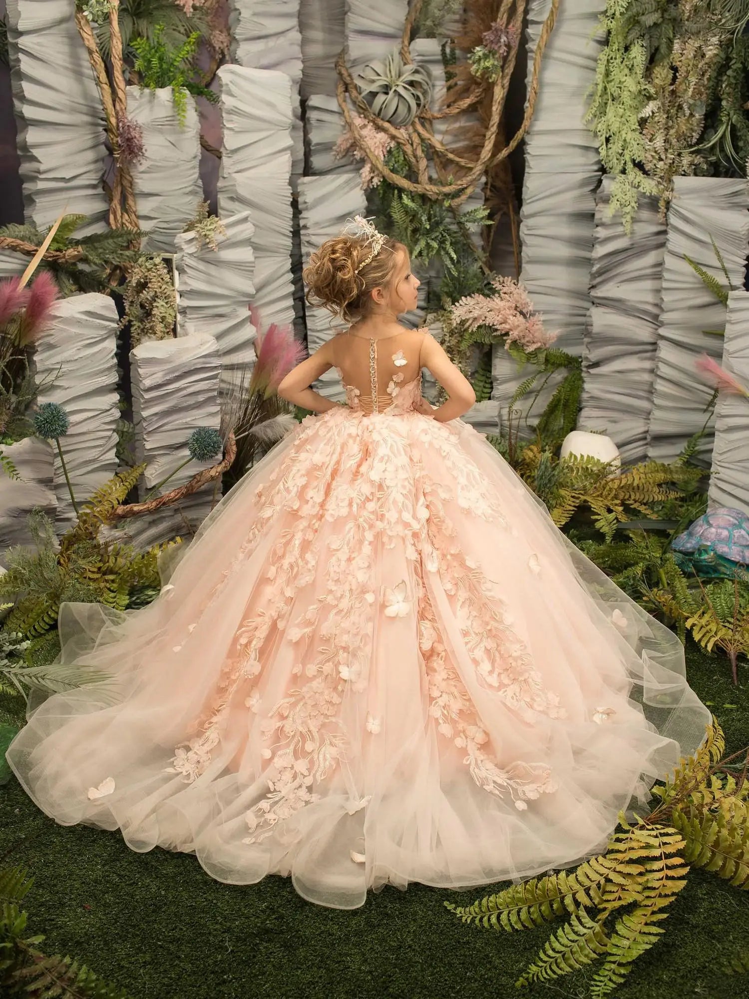 Lace flower girl dress with floral tulle ball gown style by Showlu Fashion, perfect for weddings and special occasions.