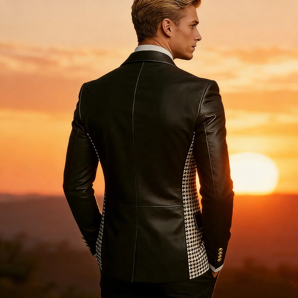 Men’s brown leather blazer with houndstooth sides, vintage double-breasted design, slim fit, gold buttons, leather tuxedo jacket.
