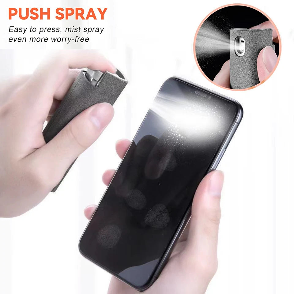 Showlu Fashion Store 2-in-1 mobile phone screen cleaner spray bottle with microfiber cloth for iPhone, iPad, MacBook screen cleaning.