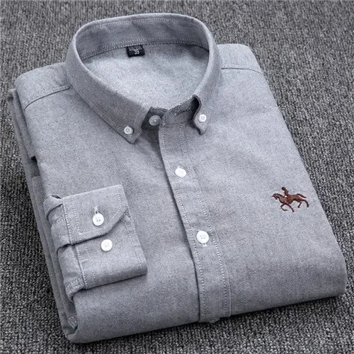 White men's long sleeve cotton Oxford shirt with embroidery horse design, regular fit, button-up fashion dress shirt by Showlu Fashion