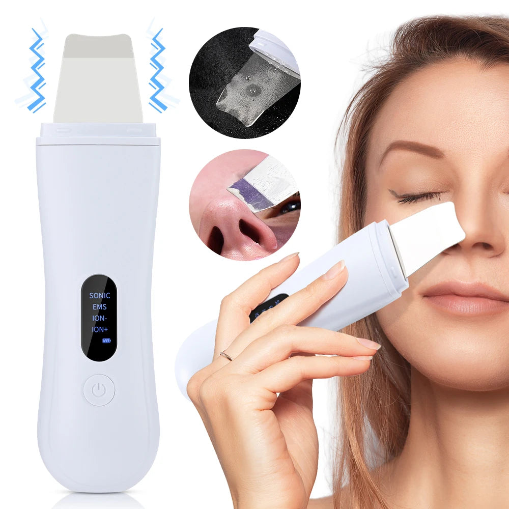 Showlu Smart Ultrasonic Skin Scrubber showing a handheld EMS pore cleaner and lifting tool with a sleek design.