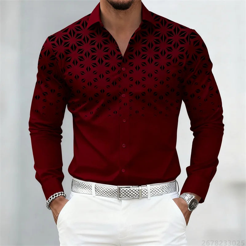 Men's long sleeve shirts in 17 colors featuring trendy geometric pattern print and slim lapel, casual and fashionable from Showlu Fashion.