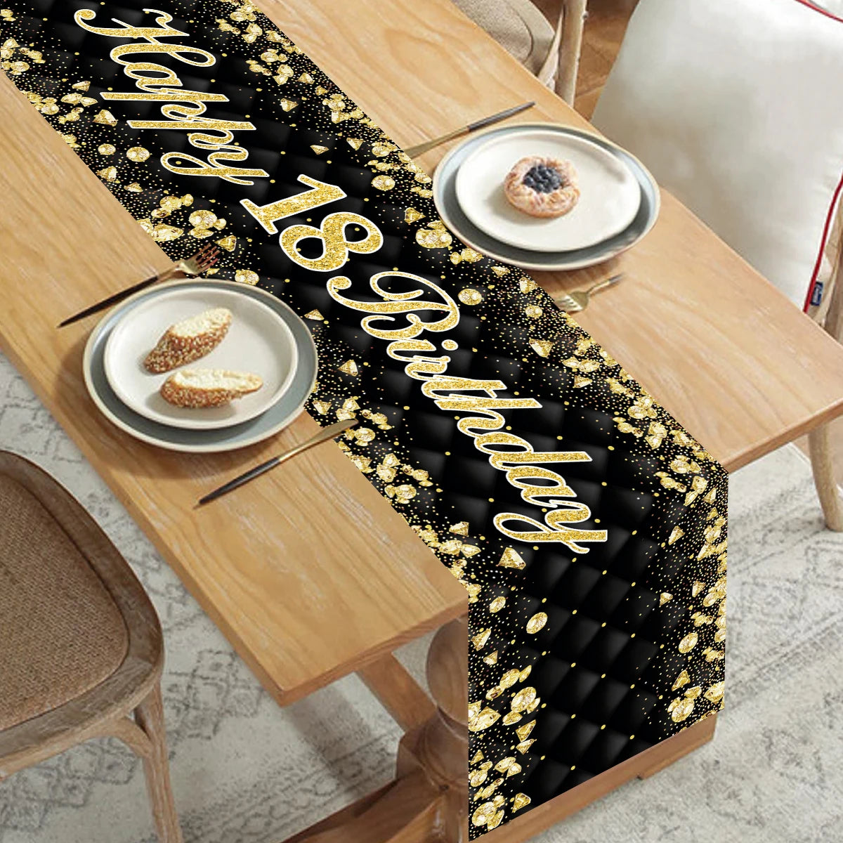 Black gold birthday table runner for 18, 30, 40, 50 celebrations, decorative party tablecloth for home or adult anniversaries.