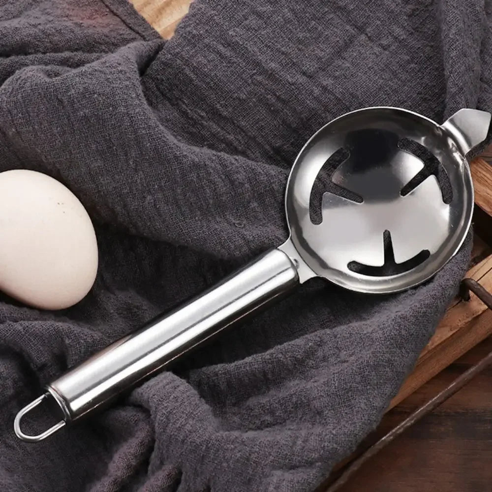 Stainless steel egg separator with long handle and extended lug design, silver professional yolk filter for easy egg white separation