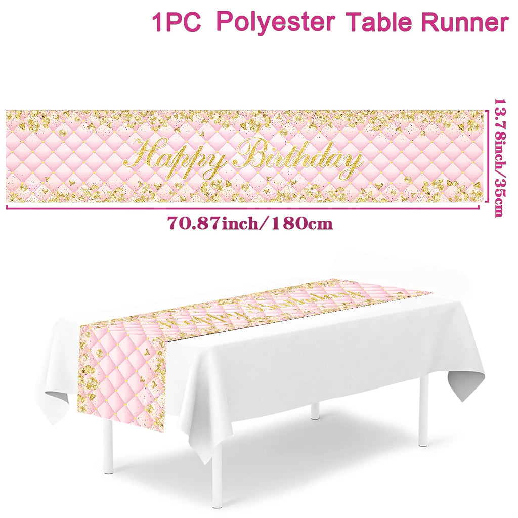 Black gold birthday table runner with gold lettering, designed for 18, 30, 40, 50 birthday celebrations and party decor.
