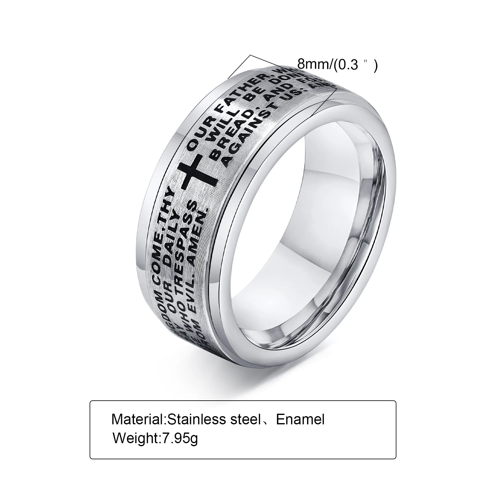 Stainless steel Vnox 8mm spinner cross ring for men featuring a prayer band design, shown in a close-up view.