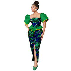 Africa Ankara Printed Women's Dress Short Sleeve Patchwork Square Neck Bubble Sleeve Split Dresses 2425186