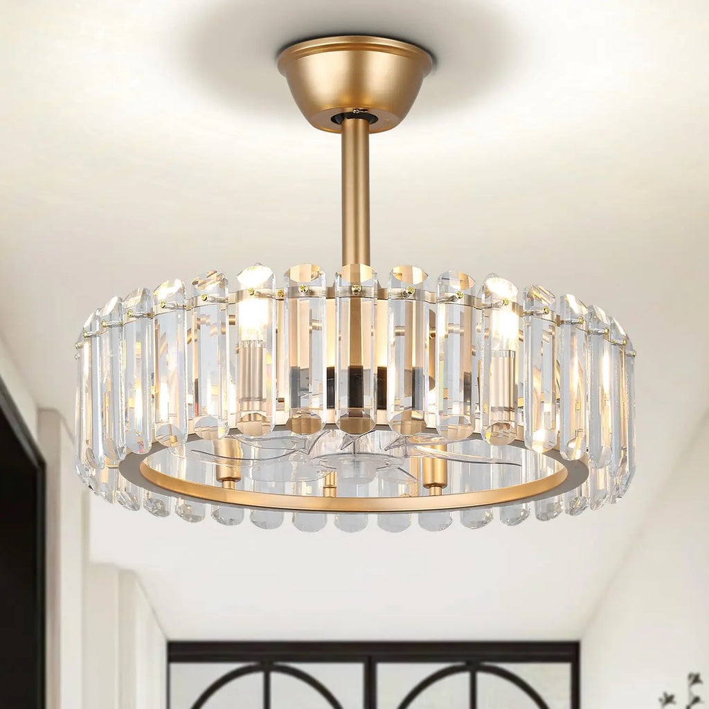 Showlu 20-inch crystal chandelier ceiling fan with flush mount caged design, featuring crystal accents and modern style.