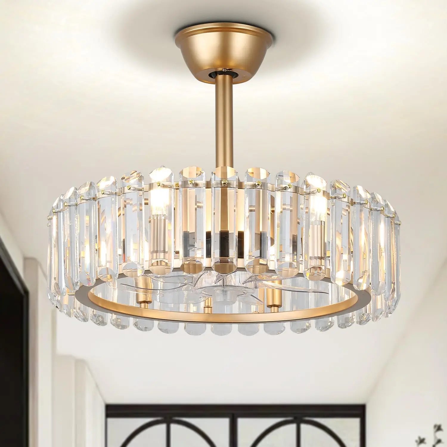 Showlu 20-inch crystal chandelier ceiling fan with flush mount caged design, featuring crystal accents and modern style.