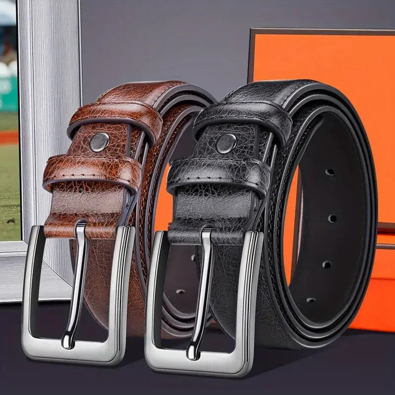Genuine cowskin leather belt for men with casual business buckle, showing detailed brown leather and classic design
