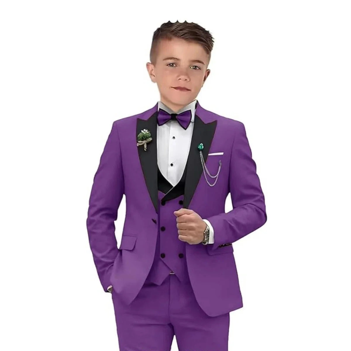 Boy wearing a champagne velvet tuxedo suit set with blazer, dress pants, and vest from SHOWLU FASHION STORE.
