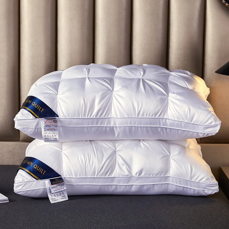 Two soft supportive bed pillows from Mingou Store, ideal for back, stomach, or side sleeping, with luxurious hotel-quality comfort.