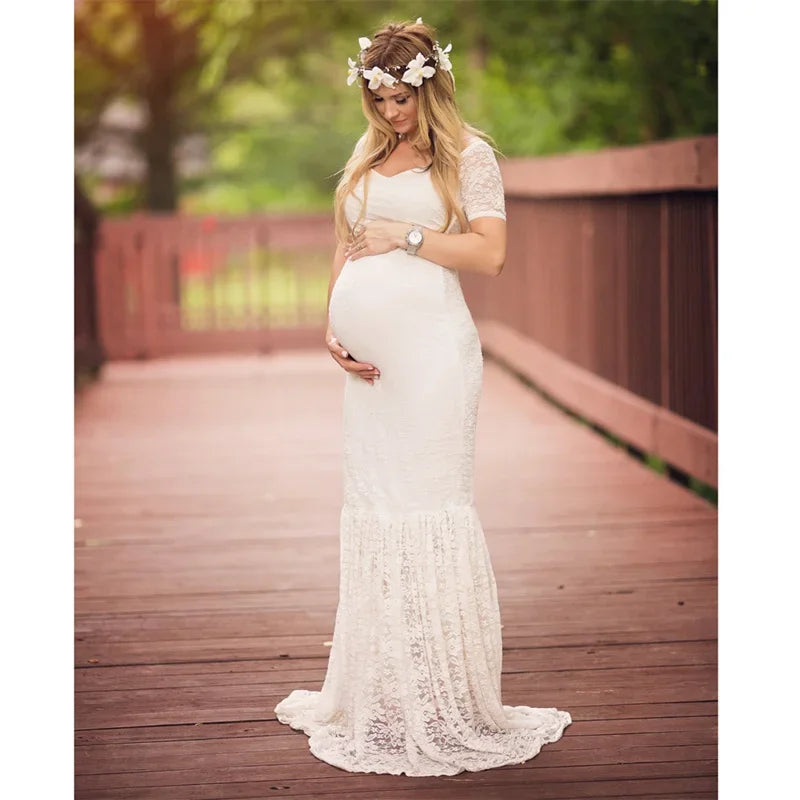 Wheat & Turtle lace mermaid maternity dress by SHOWLU FASHION STORE, featuring intricate lace details for photography shoots.