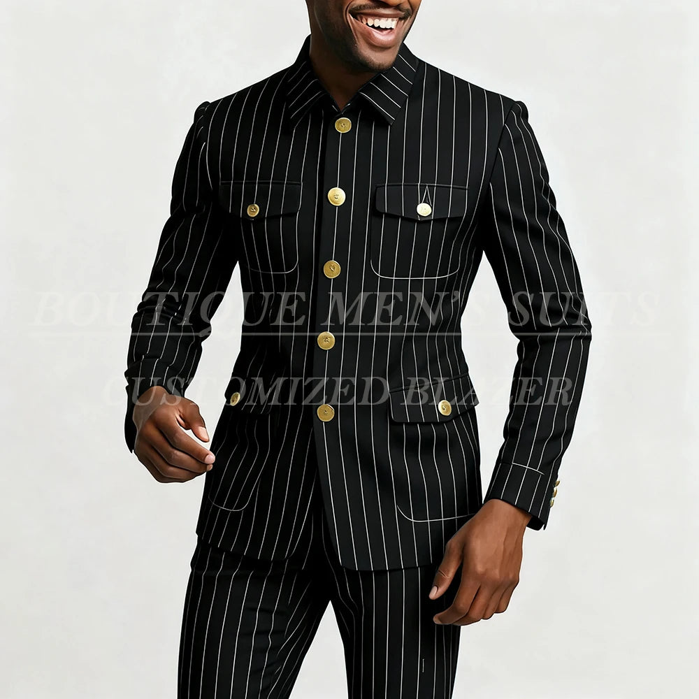 Elegant men's pinstripe suit by Showlu Fashion, featuring a single-breasted jacket and slim-fit pants with stand lapel design.