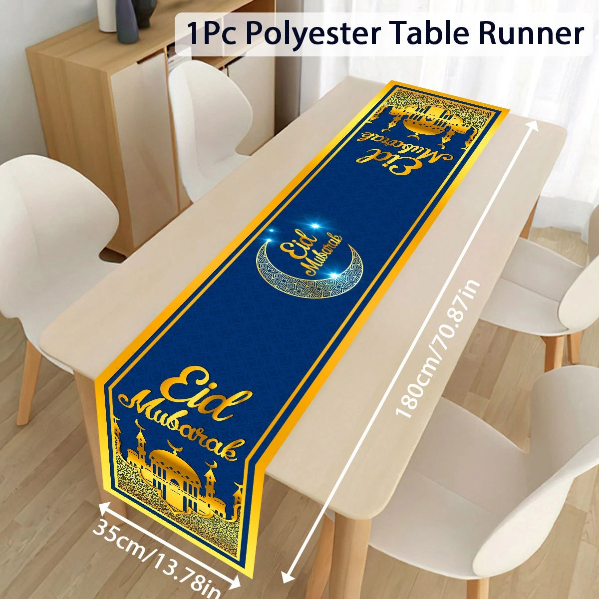 Ramadan decoration table runner with Eid Mubarak design from Showlu Fashion Store, ideal for Islamic home Eid al-Fitr celebrations.