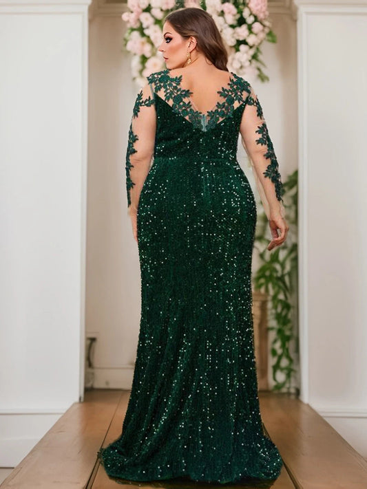 O Neck Illusion Long Sleeve Evening Party Dress Lace Flowers Sequin Mesh Floor Length Prom Gown Elegant Women Plus Size SHOWLU FASHION STORE