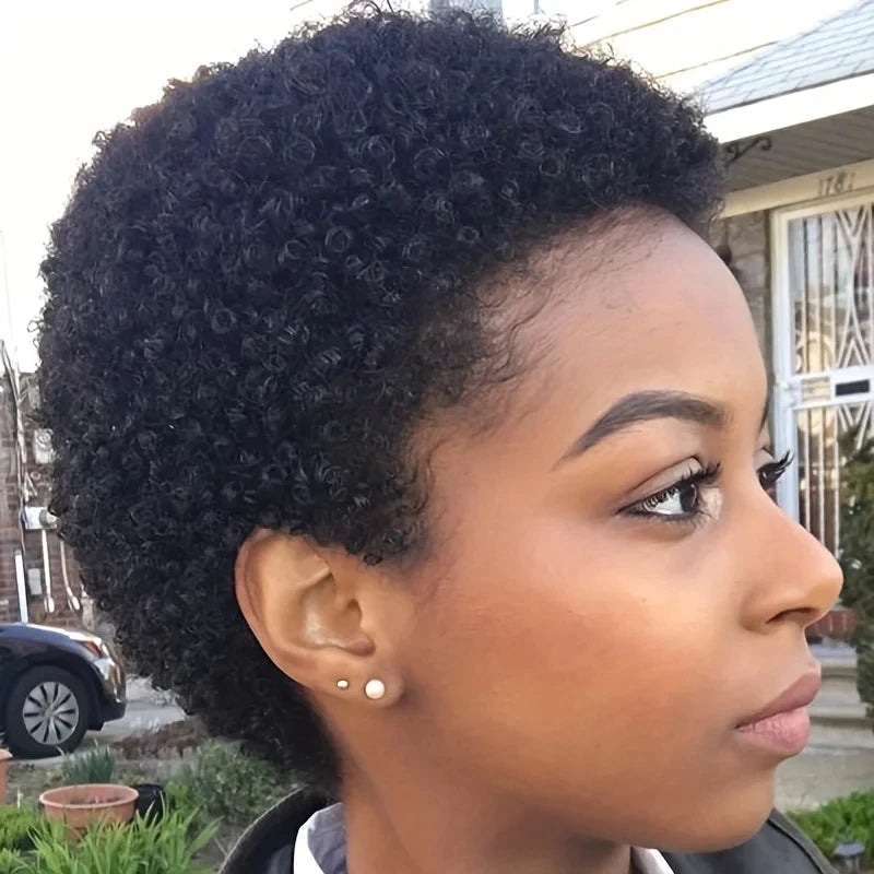 Short afro curly human hair wig in black with 150% density, 4-inch pixie cut, Remy hair, machine-made by Showlu Fashion Store.