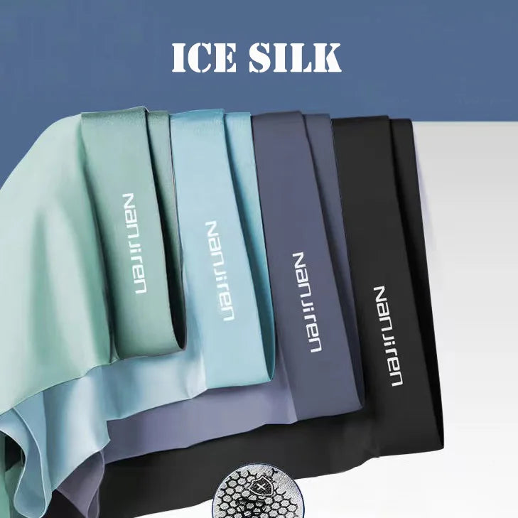 Set of four men's ice silk boxer shorts with breathable, thin U-Convex design in size L-6XL, featuring sexy, comfortable underwear.