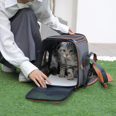 A person opens a grey and brown foldable pet backpack carrier containing a tabby cat.