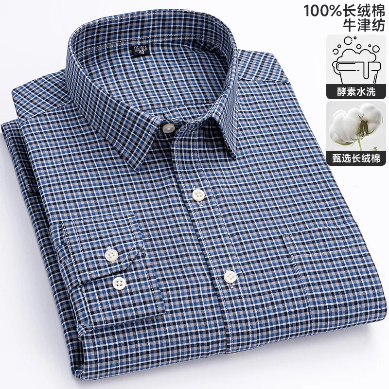 Men's long sleeve plaid Oxford shirt in 100% pure cotton, regular fit, formal dress style, available in 6XL and 7XL sizes.