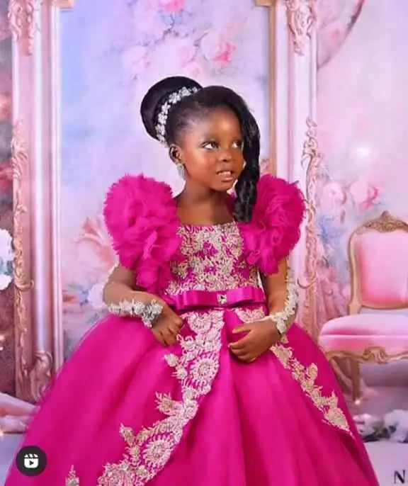 Peach Pink Little Baby Girls Birthday Party Dresses Lace Appliqued Flower Girl Dresses Kids Ball Gown Dress for Photo Shoot