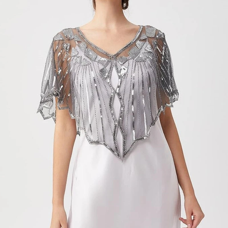 1920s retro beaded sequin flapper shawl, loose decorative short cape for evening parties, ladies outerwear by Showlu Fashion.