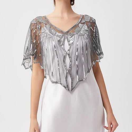 1920s retro beaded sequin flapper shawl, loose decorative short cape for evening parties, ladies outerwear by Showlu Fashion.