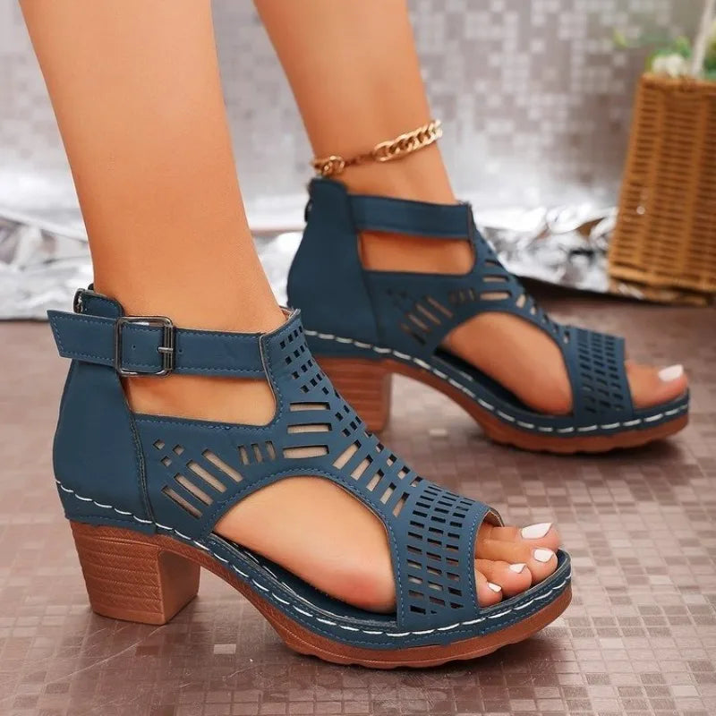 Women’s high heel sandals with lace-up design, peep toe, Roman hollow details, and chunky heels in a stylish casual look.