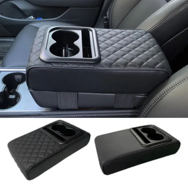 Showlu PU leather car center console armrest cushion with built-in cup holders, offering comfort and convenience for vehicle interior.