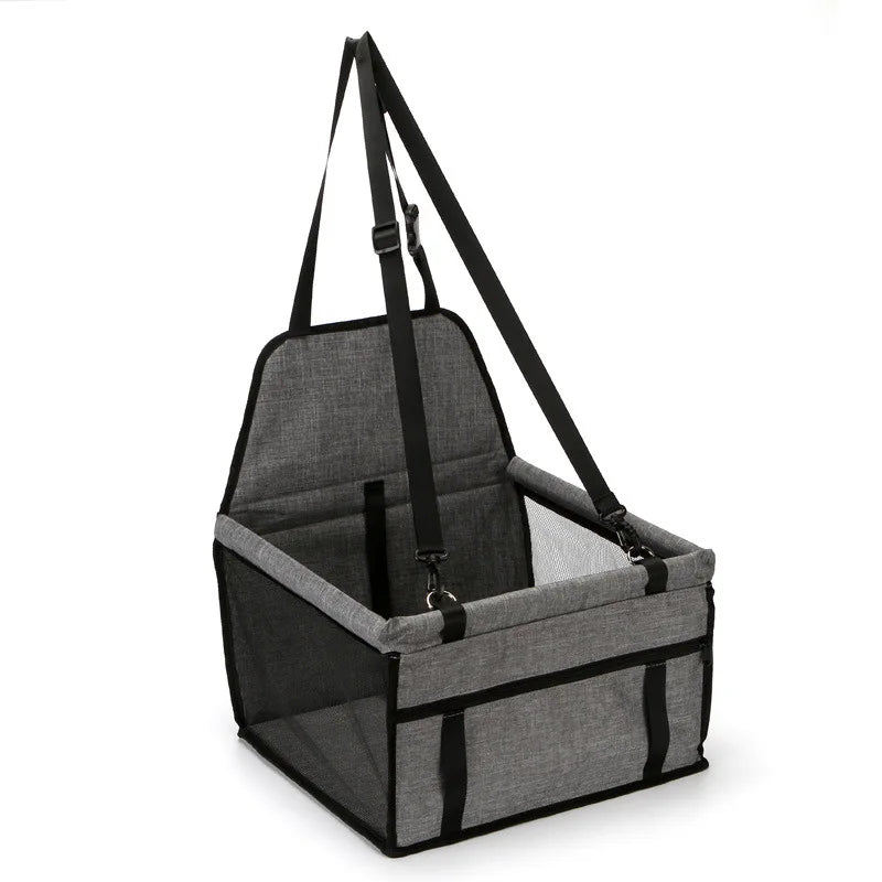 Foldable Showlu Dog Car Seat Cover Hammock designed for pet travel safety, featuring a durable, comfortable pet travel basket in black.
