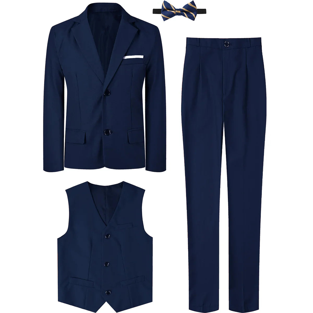 A&J DESIGN boys formal wedding suit with tuxedo blazer, vest, and pants, designed for special occasions and celebrations.