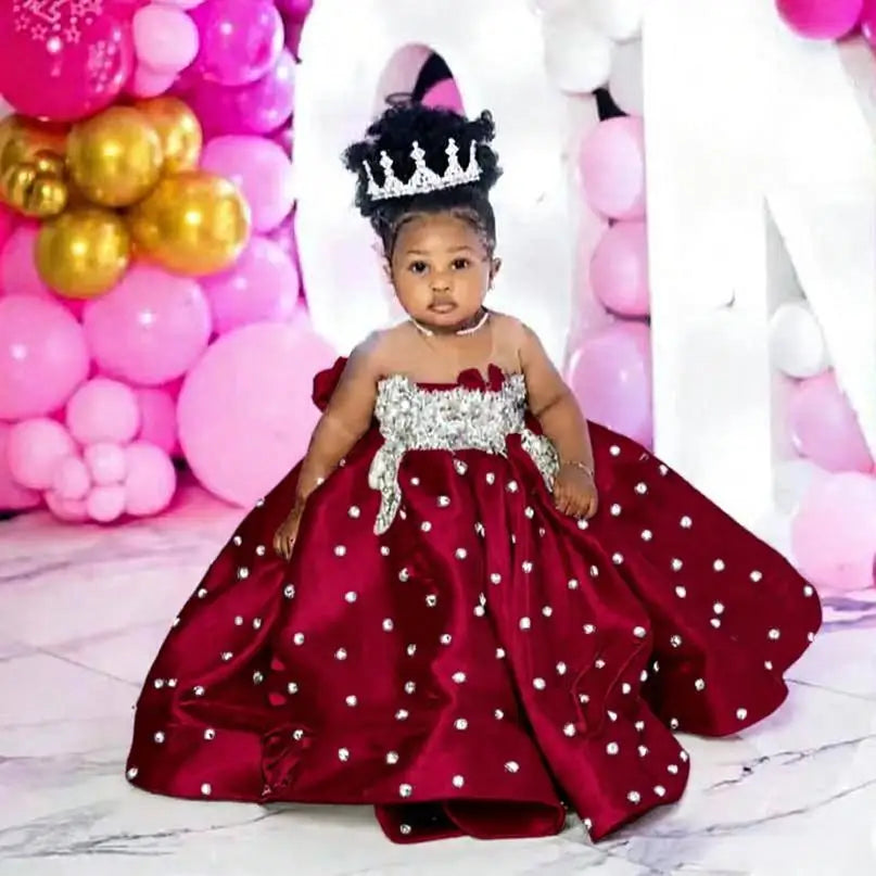 Fuchsia Beading Girl's Birthday Party Dresses Customized Ball Gown Puffy Flower Girl Dress Princess Baby Kids Pageant Gowns