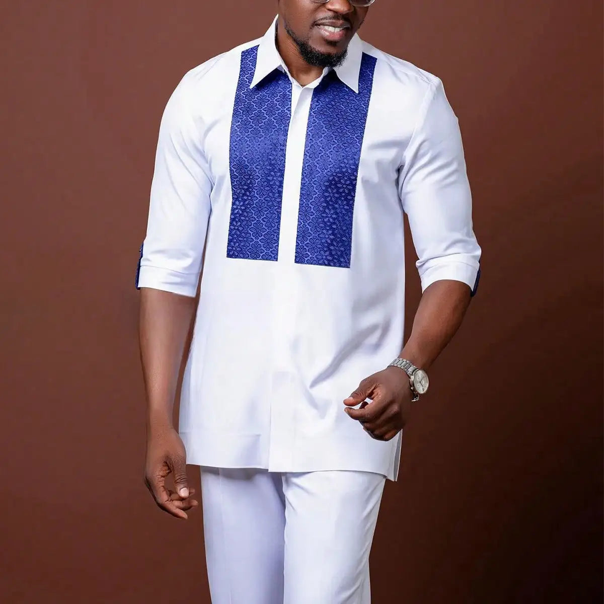 Showlu men's white Kaunda suit, African traditional 2-piece cotton set with intricate embroidery and classic fit.