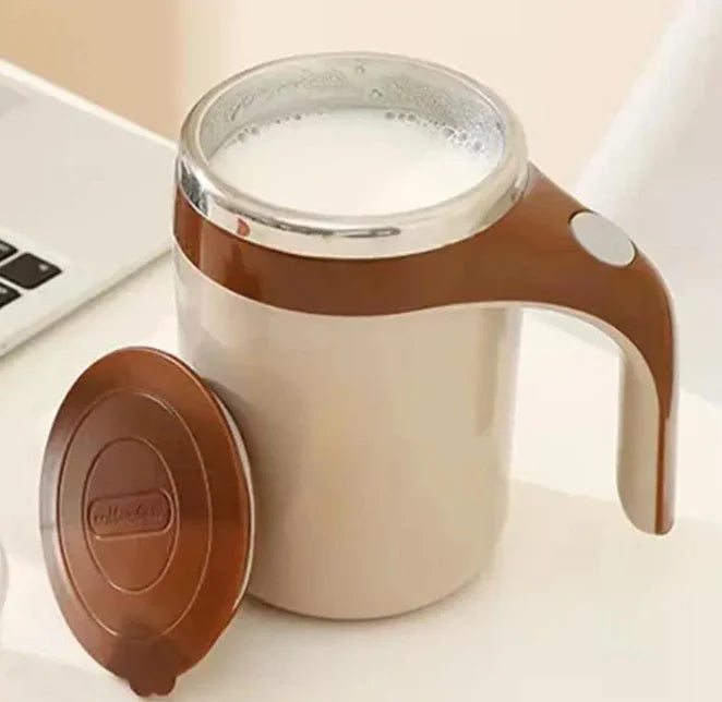 Stainless steel Showlu automatic self-stirring coffee mug with magnetic stirring mechanism and sleek design.