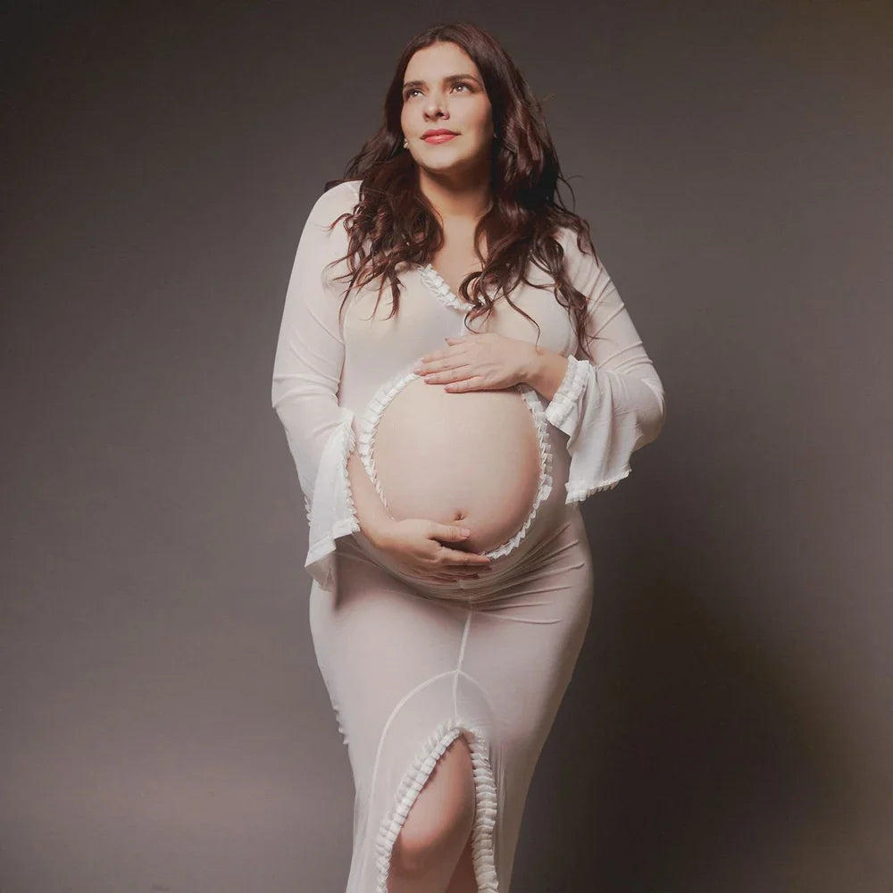 Elegant Showlu Maternity sheer lace ruffle ruched dress with a sexy slit, designed for stylish maternity wear.