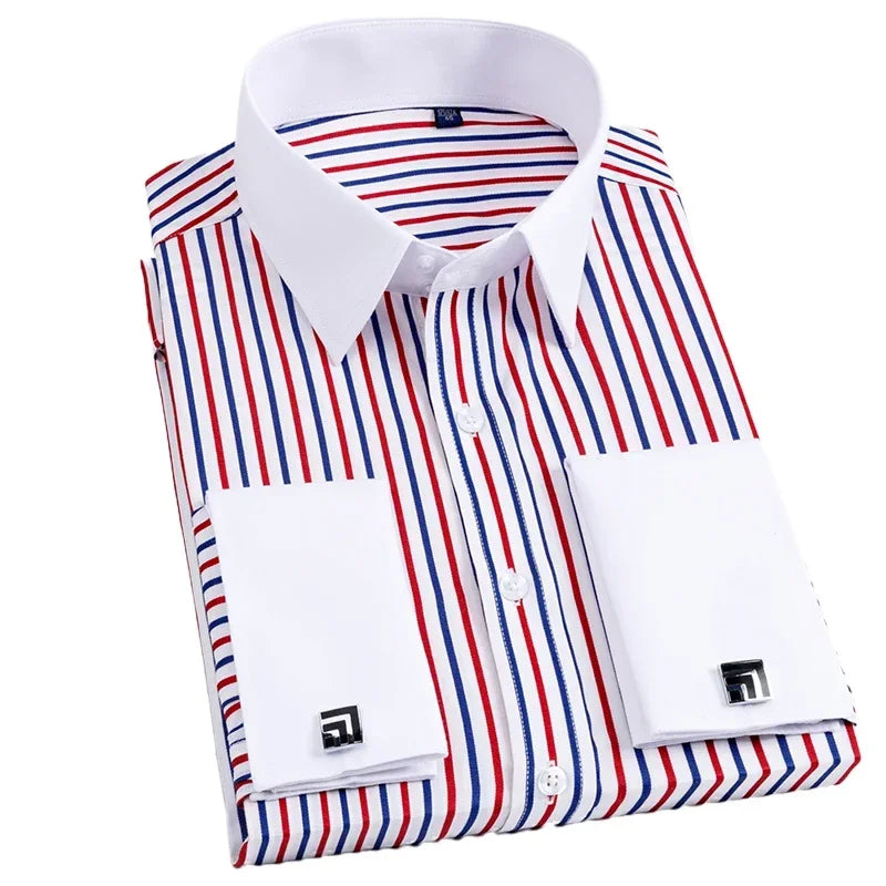 Men's French cufflink shirt long sleeved spring style multi-color collar high collar slim fit collar formal striped shirt