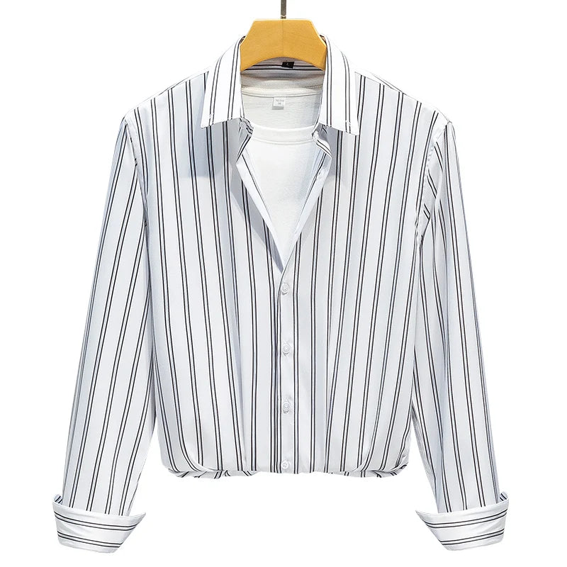 2024 Summer M-5XLMen's Shirt Long Sleeve Slim Fit Stripe Business Gentlemen's Inner Layer Shirt Non Iron Wrinkle Resistant Shirt