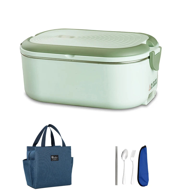Portable electric lunch box with stainless steel compartments, 220V/110V EU US plug, includes bag and tableware for office meals.