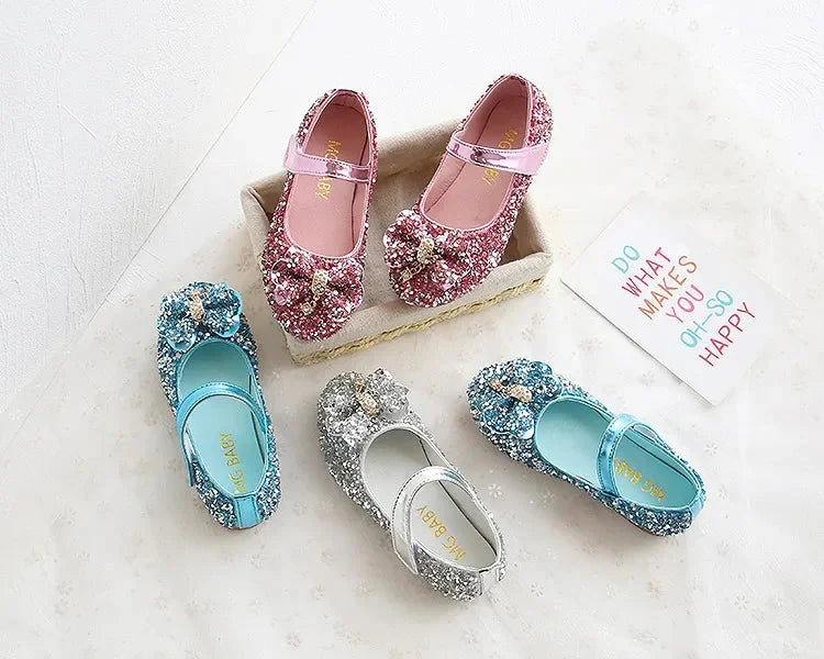Showlu girls' sequin rhinestone princess flats with PU leather, featuring sparkly embellishments and a comfortable slip-on design.